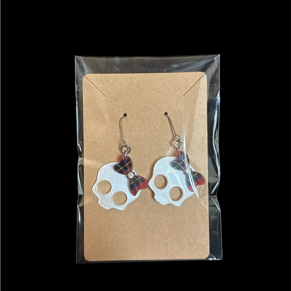 Skull Earrings with Plaid Bows - Picture 2 of 2